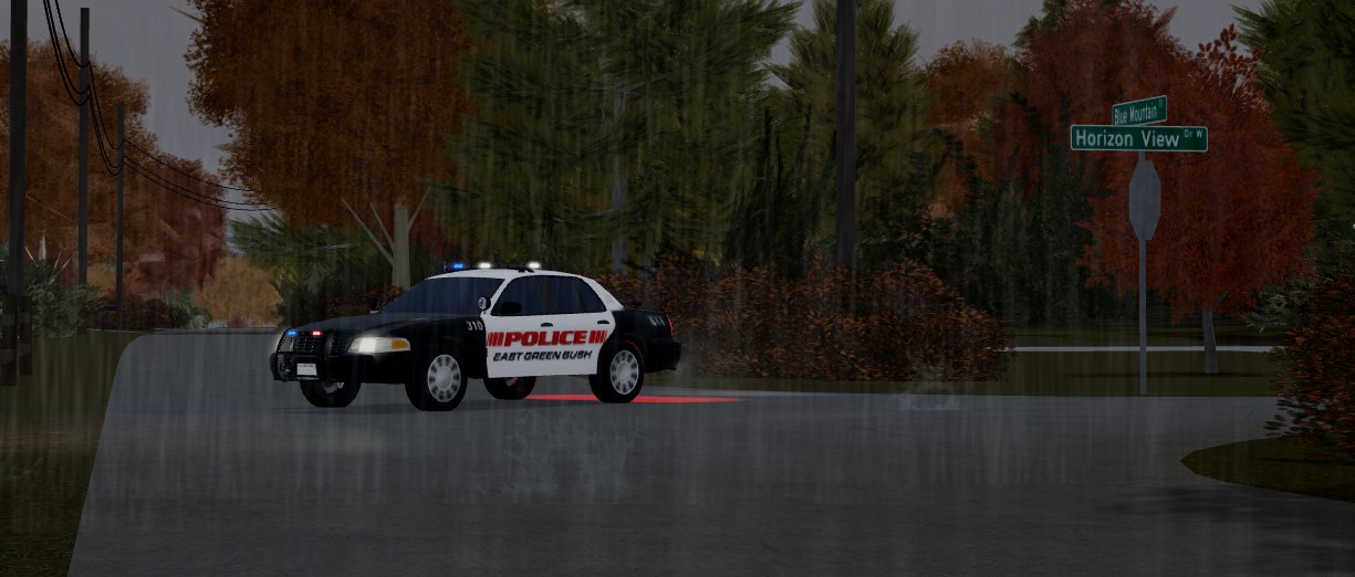 An East Greenbush police cruiser, lights on, at the corner of Horizon View and Blue Mountain on a rainy autumn evening